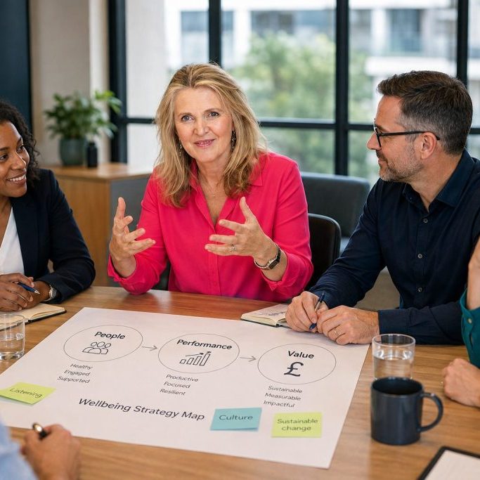 Kate Cook guiding a UK leadership team through a corporate wellness programme